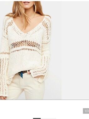 Free People Open-Knit Cream V-Neck Sweater